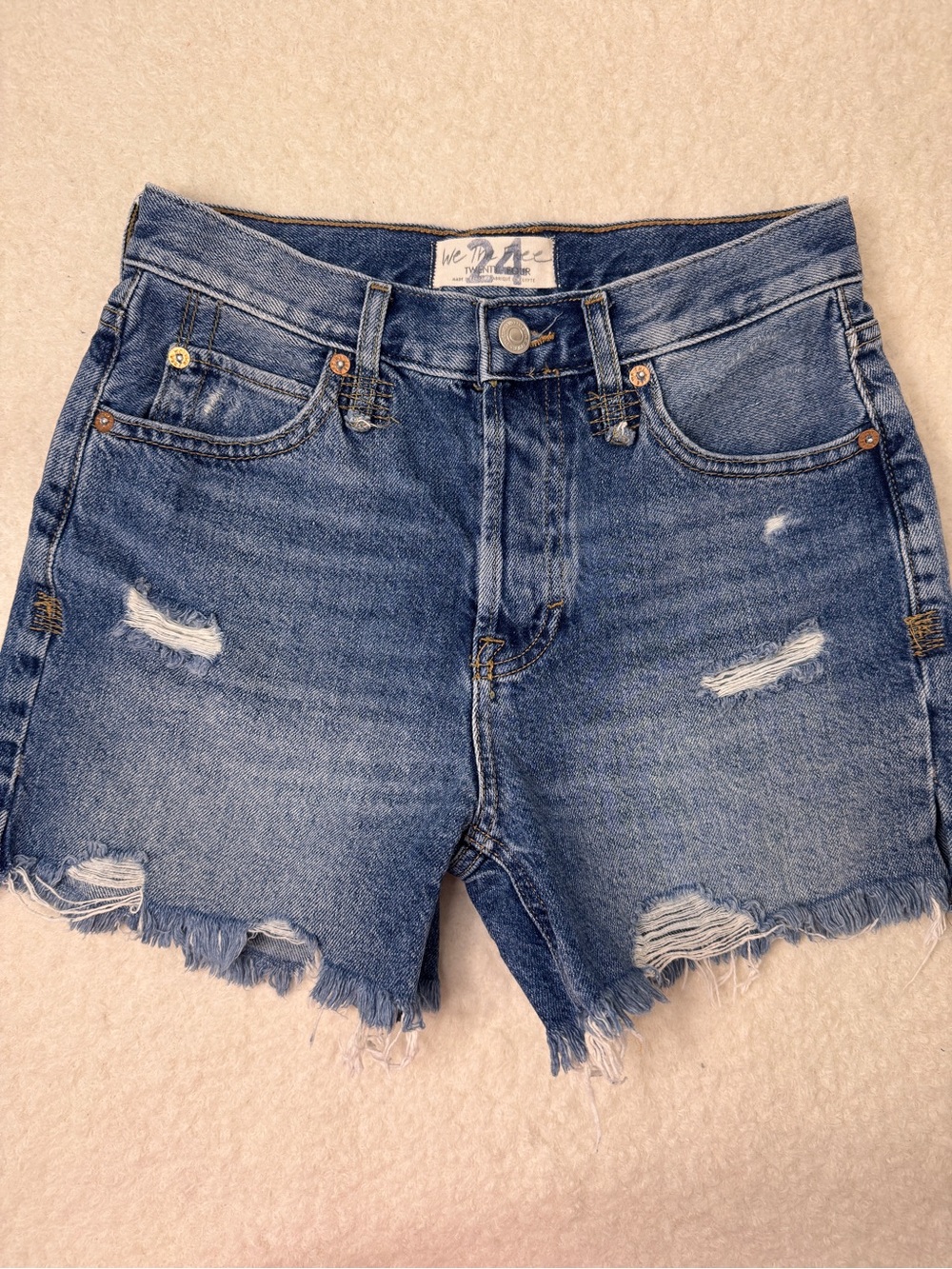 We The Free Distressed High-Rise Denim Shorts - Blue Wash - Picture 1 of 4